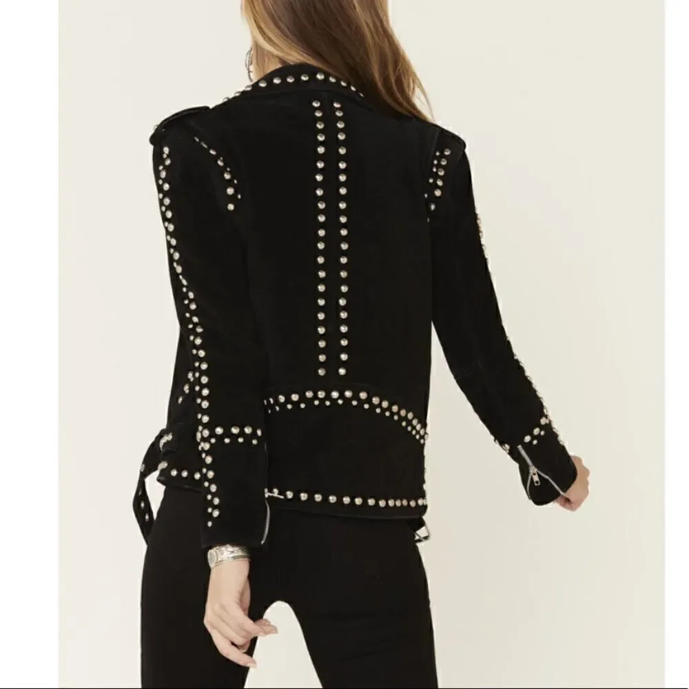 Free People Understated Leather Women's Black Dome Studded Moto Suede Ja…